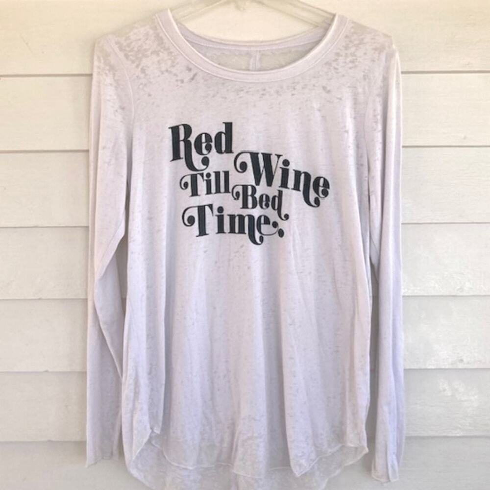 Revolve Chaser NEW Red Wine Till Bedtime Long Sleeve Distressed White T-Shirt M